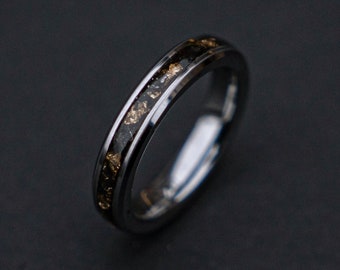 Anneau de météorite de feuille d’or poli, anneau de météorite de feuille d’or de mariage 4mm, anneau de feuille de feuille de météorite, anneaux de mariage pour hommes, accent d’or Decazi
