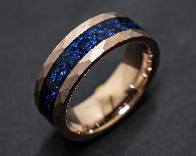 Rose Gold Tungsten Wedding Band 4mm – Blue Galaxy Opal Inlay Ring – Minimal Women’s Wedding Band – Comfort Fit – Stackable Band