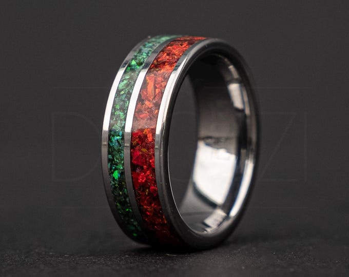 Tungsten Christmas Ring with Dual Green & Red Opal Inlays – Festive Holiday Band, Shimmering Opal Jewelry, Christmas Gift for Him or Her