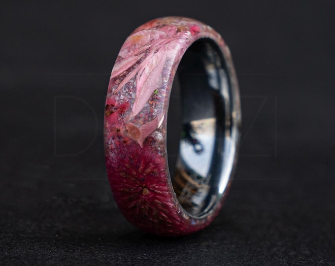 Tungsten Ring with Pink Flowers, Resin Floral Ring, Handmade Statement Jewelry, Unique Nature-Inspired Ring, Gift for Her