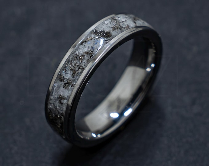 Silver Rainbow Moonstone & Muonionalusta Meteorite Tungsten Ring, 6mm Comfort Fit Band