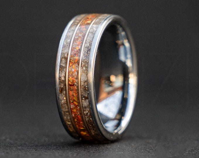 Trex Dinosaur Bone Fire Opal Tungsten Ring, Fire Opal Ring, Men's Wedding Bands, Dinosaur Ring, Unique Wedding Ring, Fosilized Bone Ring
