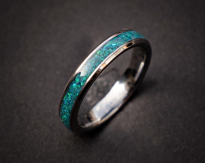 Opal Wedding Band, 4mm Skinny Tungsten Ring. Minimal Jewelry, Blue Opal Wedding Band for women, Women's Stackable Ring, Gemstone Band Ring