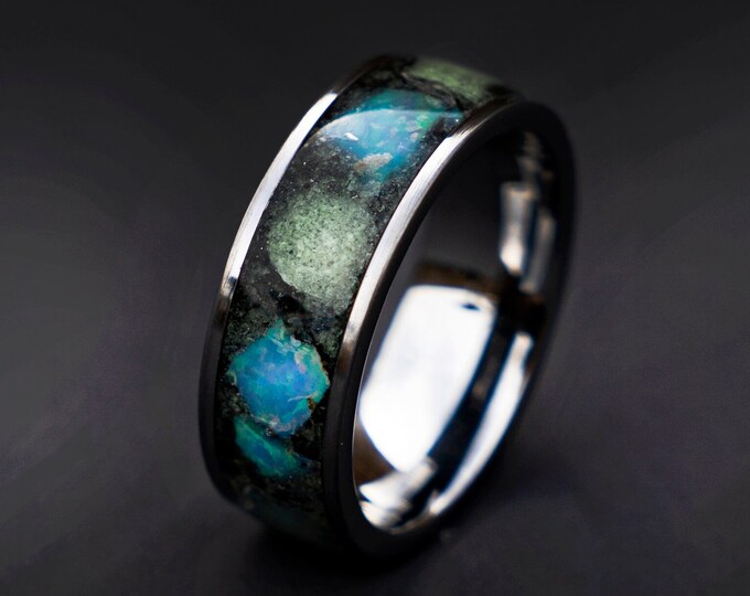 Genuine ethiopian opal ring with glowstones, meteorite, handmade wedding band, mens engagement ring, mens ring, mens wedding band | Decazi