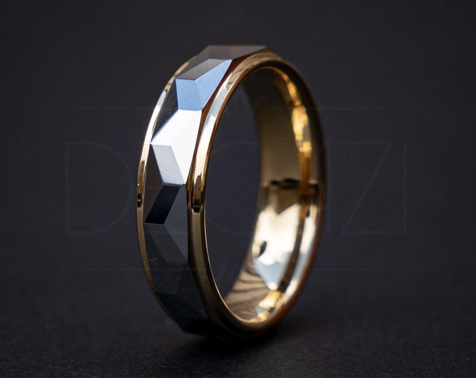 Faceted Silver & Gold Tungsten Ring with gold polished Edges - Silver/gold Wedding Band - Mens Womens Engagement, Promise Ring 6mm | Decazi