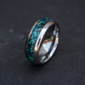 Unique Tungsten Meteorite Ring, Opal Ring, Mens Wedding band, Mens Jewelry Ring, Silver Opal Ring, Handmade Jewelry, Handmade Gifts | Decazi
