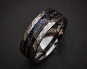 Hammered Tungsten Galaxy Opal Trex Dinosaur Bone Ring, Dinosaur Bone Ring, Mens Ring, Unique Ring, Handmade Jewelry, Handmade Gift