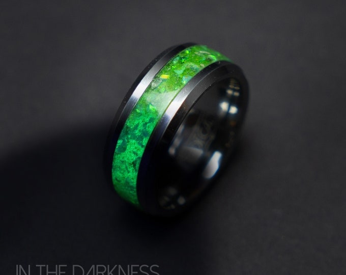 Bright Green Opal Ring, Anime Fan Ring, Green Glow Stone Band Ring, Unique Tungsten Superhero Inspired Wedding Ring, Galaxy Opal Jewelry