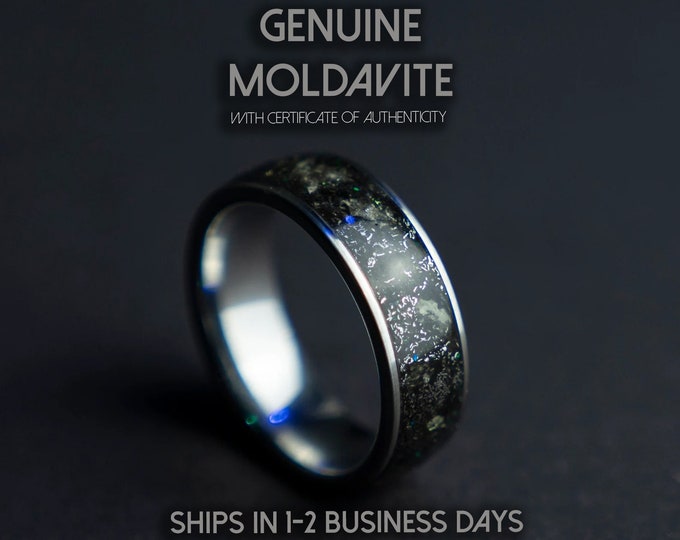 Genuine Moldavite Gemstone Ring, Men's Moldavite Jewelry, Meteorite Band Ring, Unique Wedding Band for Men, Crystal Anniversary Ring