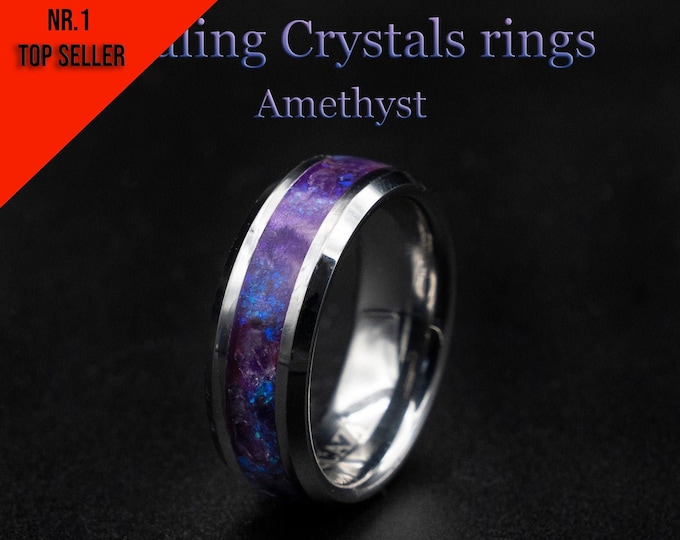 Mens tungsten ring, healing jewelry, Healing crystal ring, Amethyst jewelry, gift for grandma, Glowstone ring, moldavite ring