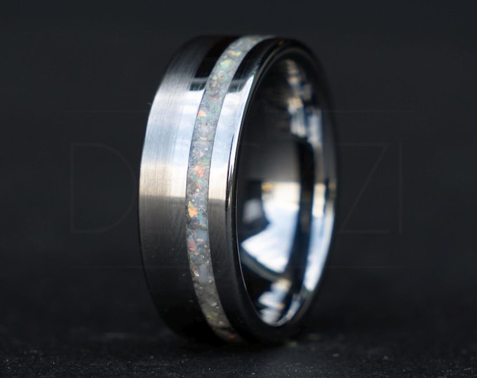 Men's Tungsten Wedding Band – 8mm Brushed Tungsten Ring with White Opal Inlay – Durable Engagement Ring, Anniversary Band, Promise Ring