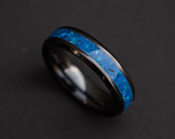 Glowstone ring, Galaxy opal, Men opal ring, unique mens ring, Black ceramic ring, mens opal ring, crushed opal ring, 6 mm ring