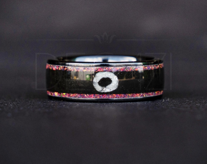 Black Ring with Pink Opal and White Circle Symbol – Geometric Aesthetic Jewelry, Subtle Fandom Jewelry, Drama, Geometric Gamer