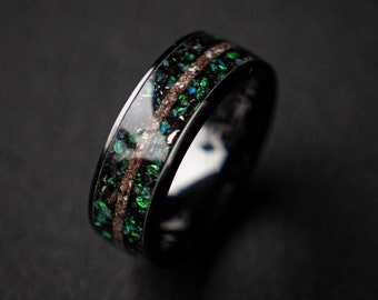Black Dinosaur Bone Meteorite Ring, Handmade Jewelry, Mens Black Ring, Dinosaur Bone Wedding Ring, T-rex Ring, Wedding Band Men Unique