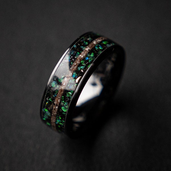 Bague de météorite en os de dinosaure noir, bijoux faits à la main, bague noire pour hommes, bague de mariage en os de dinosaure, bague T-rex, alliance pour hommes uniques