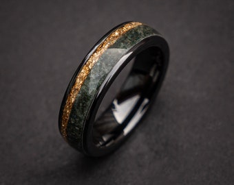 Moss Agate Jewelry, Moss Agate Wedding Ring, Engagement Ring, Green Moss Agate ring, Gold Leaf, Unique Ring, Handmade Jewelry | Decazi