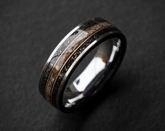 Wedding Ring, Meteorite Ring, Dinosaur Bone Ring, Mens Wedding Band Unique, Mens Wedding Rings Gold Accent, Unique Ring, Handmade | Decazi