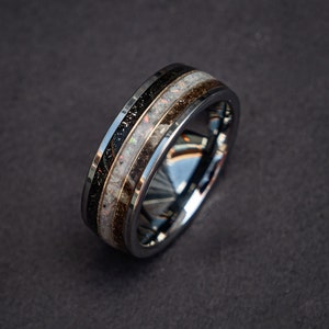 Moonstone Trex Dinosaur Bone Tungsten Ring, moon ring, Men's Wedding Band, Rainbow moonstone, Gemstone ring, Glow In The Dark, Tungsten Band