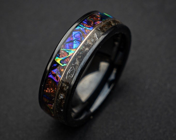Gibeon meteorite shavings ceramic ring with Dichrolam galaxy inlay, mens wedding band, meteorite ring, dinosaur bone ring, unique ring