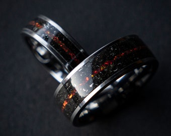 Meteorite Black Opal Wedding Ring Set | Wedding Ring, Mens Wedding Band, Meteorite Ring, Couples Ring Set, Handmade Jewelry, Handmade Gift