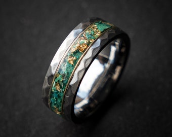 Green Emerald Gold Leaf Meteorite Hammered Band, Anniversary Ring, Unique Tungsten Wedding Band, Gold Opal Ring, Tungsten Ring Men | Decazi