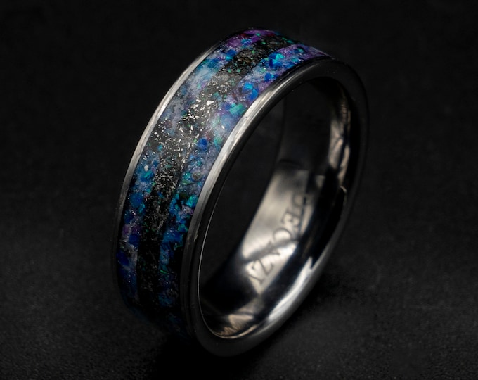 Mens meteorite ring with galaxy opal inlay.