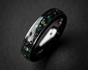 Black Opal Meteorite Ring Men, Wedding Ring, Delicate Ring, Handmade Jewelry Rings, Unique Ring, Mens Black Ring, Handmade Gift | Decazi