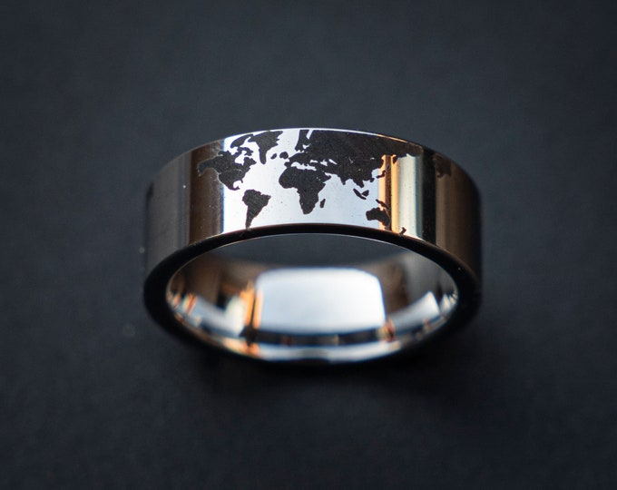 Silver Tungsten Ring with laser engraved world map - silver engraved Wedding Band - Mens Womens Engagement, Promise Ring, handmade | Decazi