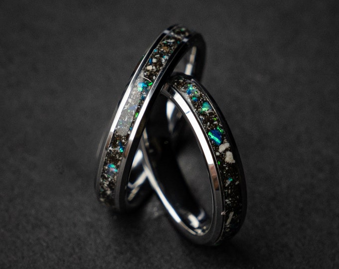 Spinosaurus wedding ring set with Blue galaxy opal and meteorite dust, Best friend rings, his and hers couples ring | Decazi