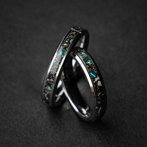 Spinosaurus wedding ring set with Blue galaxy opal and meteorite dust, Best friend rings, his and hers couples ring | Decazi