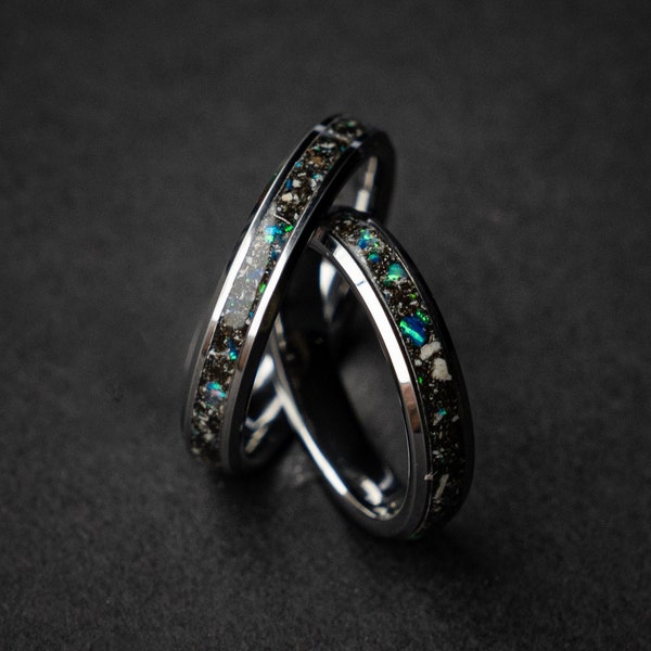 Spinosaurus wedding ring set with Blue galaxy opal and meteorite dust, Best friend rings, his and hers couples ring | Decazi