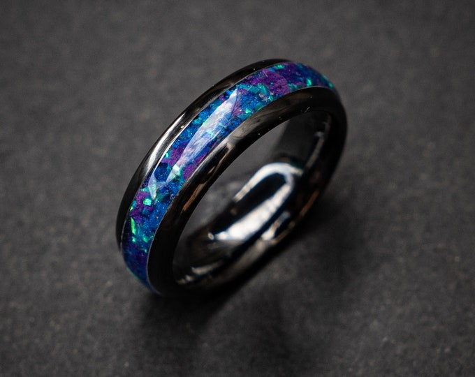 Meteorite Galaxy Opal Ring, Opal Ring Men, Unique Wedding Band, Mens Opal ring, Ring With Opal Inlay, Black Ring, Galaxy Ring | Decazi