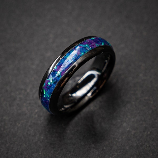 Meteorite Galaxy Opal Ring, Opal Ring Men, Unique Wedding Band, Mens Opal ring, Ring With Opal Inlay, Black Ring, Galaxy Ring | Décazi