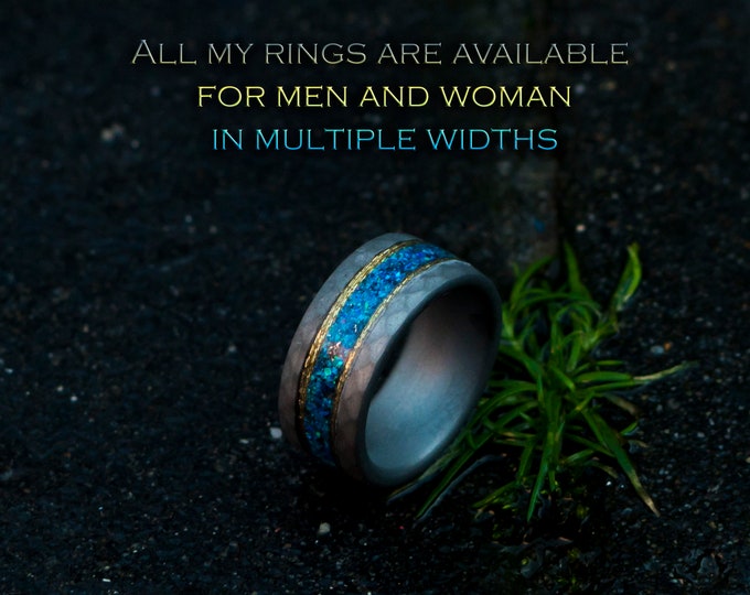 Glow in the dark. mens opal ring. Galaxy opal. Tungsten ring for men. meteorite opal ring. wedding band man. ring with opal inlay