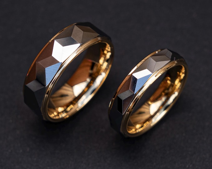 Faceted Silver & Gold Tungsten Ring with gold polished Edges - Silver/gold Wedding Band - his and hers ring set, Promise Ring | Decazi