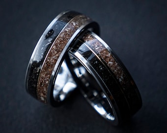 T-rex Dinosaur bone meteorite ring set, Wedding rings set, Meteorite ring, Mens ring, Dinosaur bone ring, Unique ring, Handmade jewelry