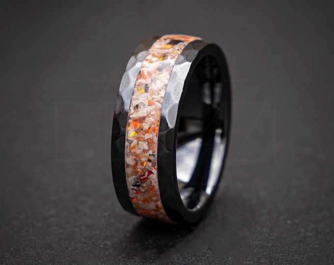 Spinosaurus Velociraptor Dinosaur Bone Opal Ring, Mexican fire opal, Black Faceted Ring, Mens Wedding Band, Handmade Jewelry | Decazi
