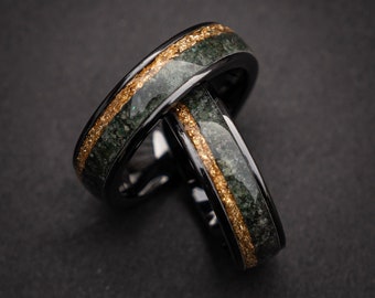 Schmuck aus Moosachat, Moosachat-Ehering-Set, Partnerring-Set mit Moosachat, Verlobungsring, grüner Moosachat-Ring, Moosachat-Ring