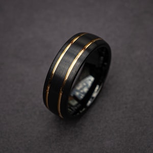 Black Tungsten Ring, Men's Tungsten Wedding Band, Tungsten Band, Gold Tungsten Ring, Personalized Ring, Unique Ring | Decazi