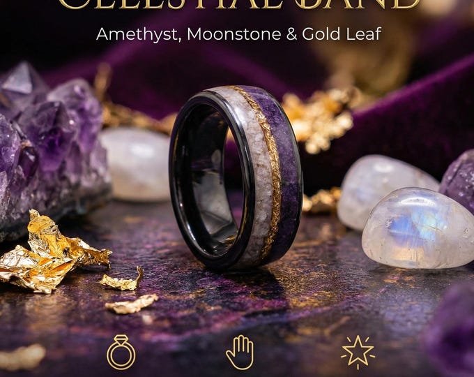 Moonstone, Amethyst, Black and Gold Wedding Ring, Handmade Wedding Jewelry, Ceramic Crystal Ring