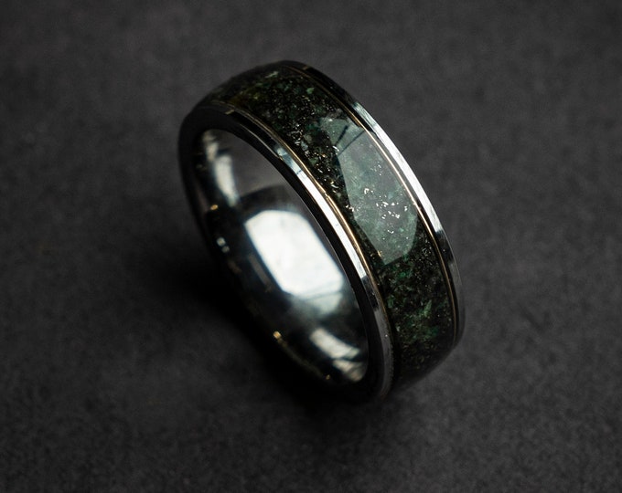 Green Moss Agate Tungsten Ring, Gold Moss Agate Engagement Ring, Moss Agate Jewelry, moss agate wedding ring set, green moss agate ring