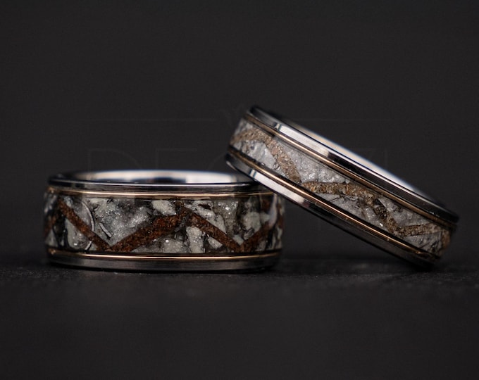 Couple Wedding Rings with Muonionalusta Meteorite and Dinosaur Bone, Customizable Personalized Handmade Jewelry | Decazi