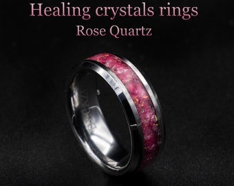 Rose Quartz Unique Wedding Band, Wide Band Ring for Women, Crystal Healing Jewelry, Everyday Crystal Ring, Quartz Gemstone Ring | Decazi
