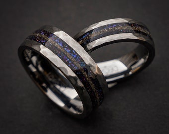 Hammered Tungsten Galaxy Opal Trex Wedding Ring Set, Dinosaur Bone Ring, Couples Ring Set, Wedding Band Set, Handmade Jewelry, Handmade Gift