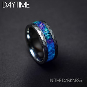 mens opal ring. Galaxy opal. Tungsten ring for men. meteorite opal ring. Hammered. wedding band men. ring with opal inlay 8mm ring image 1