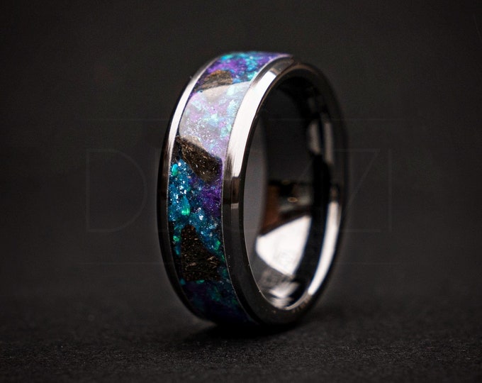 Black Ceramic Beveled Edge Ring with Muonionalusta Meteorite, Galaxy Opal & T-Rex Dinosaur Bone – 8mm Width Unique Men's Wedding Band Decazi
