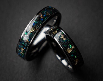 Black Opal Meteorite Wedding Rings, Wedding Ring Set, Meteorite Ring Set, Handmade Jewelry Rings, Couples Rings, Unique Ring, Handmade Gift