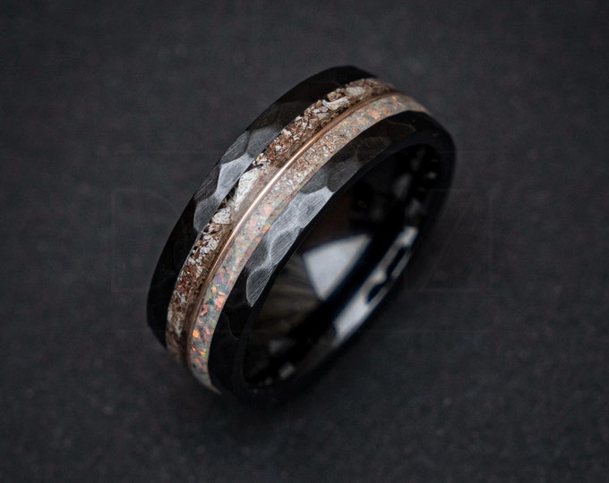 Hammered Faceted Black Ring with Spinosaurus Dinosaur Bone Fossil and Rainbow Moonstone mixed with White Opal divided by 18k Rose Gold Wire