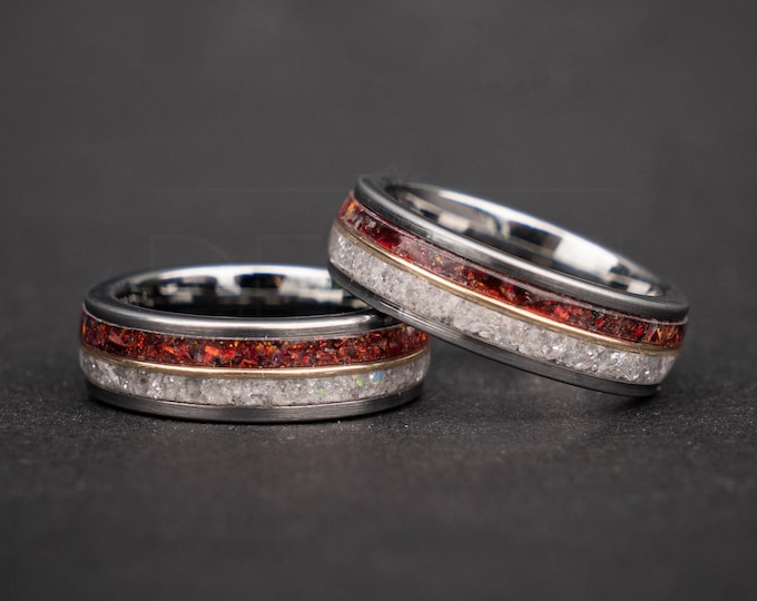 Silver Tungsten Ring Set with Rainbow Moonstone, Red Opal 18K Gold Wire – 6mm 8mm Matching Wedding Bands – Unique Handmade Couple Rings