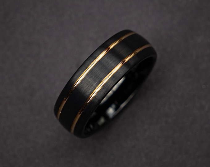 Black Tungsten Ring, Men's Tungsten Wedding Band, Tungsten Band, Gold Tungsten Ring, Personalized Ring, Unique Ring | Decazi